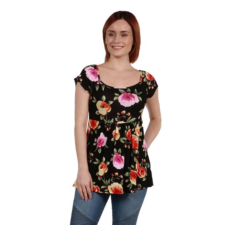 24seven Comfort Apparel Drew Black Floral Short Sleeve Tunic Top