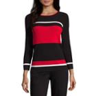 Liz Claiborne 3/4 Sleeve Crew Neck Stripe Pullover Sweater