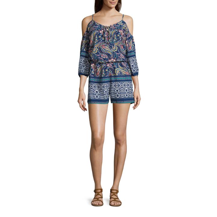 City Triangles 3/4-sleeve Cold-shoulder Printed Lace-up Romper - Juniors