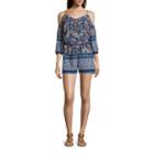 City Triangles 3/4-sleeve Cold-shoulder Printed Lace-up Romper - Juniors