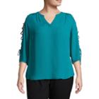 Worthington 3/4 Lace Up Sleeve Woven Blouse - Plus