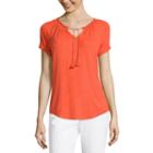 Liz Claiborne Short-sleeve Smocked-neck Peasant Tee