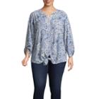 Lark Lane Play The Blues Tile Tie Front Boyfriend Top- Plus