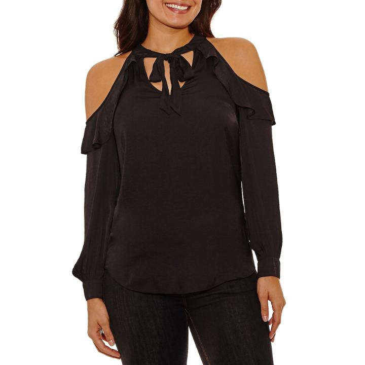 Bisou Bisou Tie Neck Ruffle Cold Shoulder Top