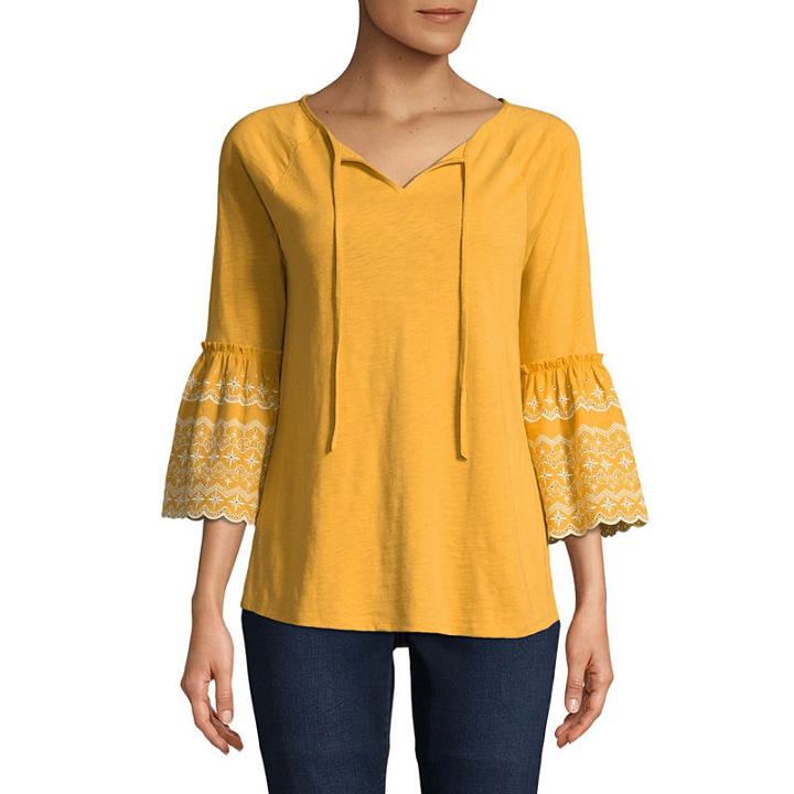 St. John's Bay 3/4 Sleeve Split Crew Neck Slubbed Embroidered Blouse
