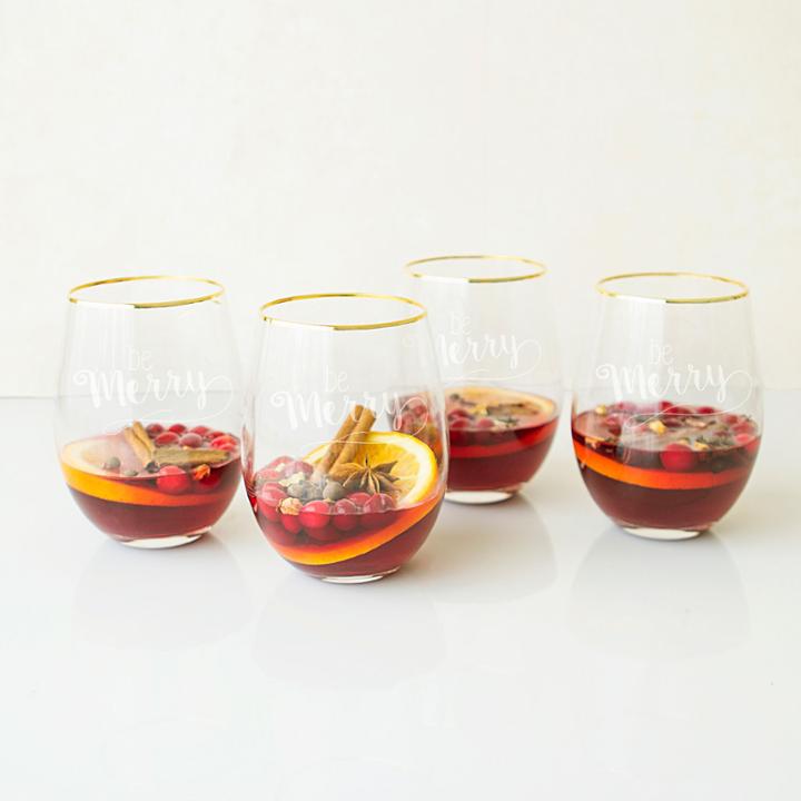 Cathy's Concepts Be Merry Gold Rim 4-pc. Stemless Wine Glass