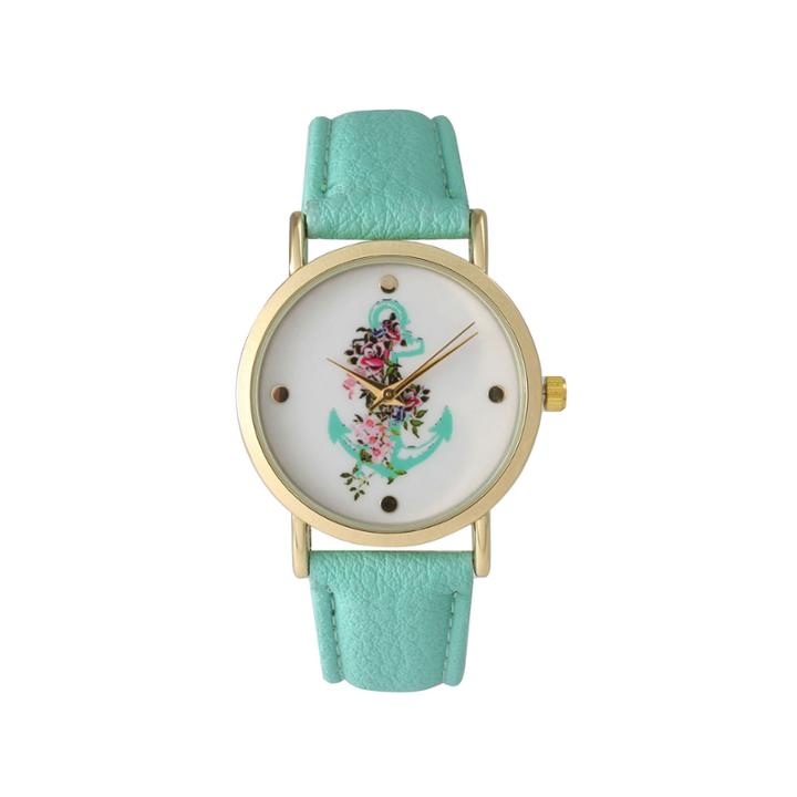 Olivia Pratt Womens Floral Anchor Dial Mint Leather Watch 15004