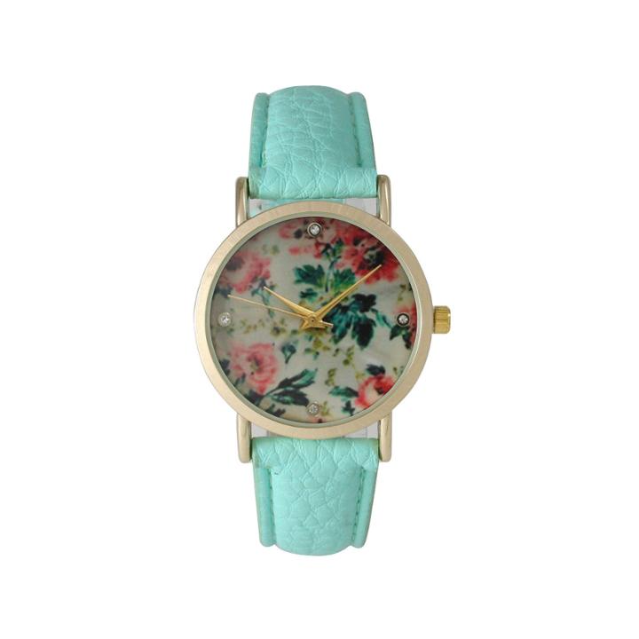 Olivia Pratt Womens Floral Rhinestone Accent Dial Mint Leather Watch 14977