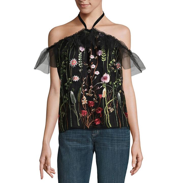 Belle + Sky Short Sleeve Mesh Ruffle Halter Top