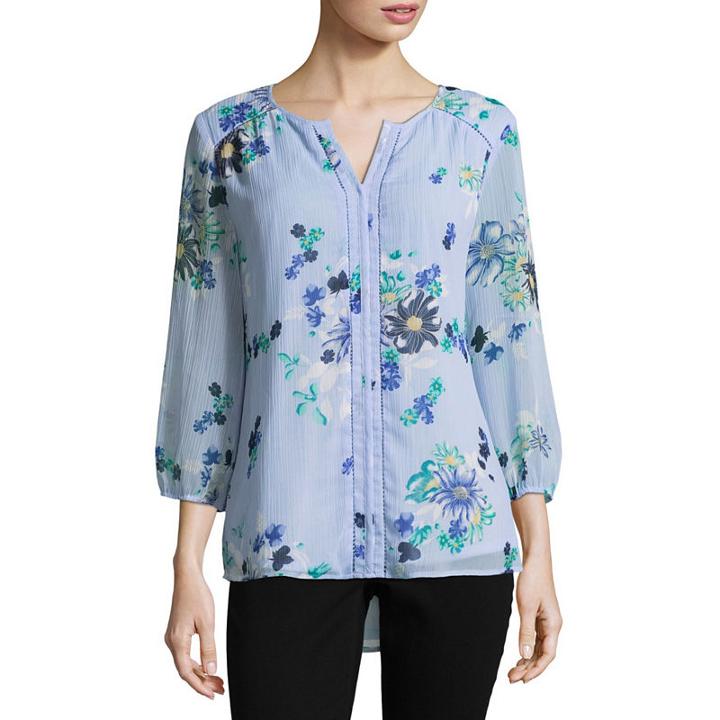 St. John's Bay Elbow Sleeve Round Neck Woven Floral Blouse-petites