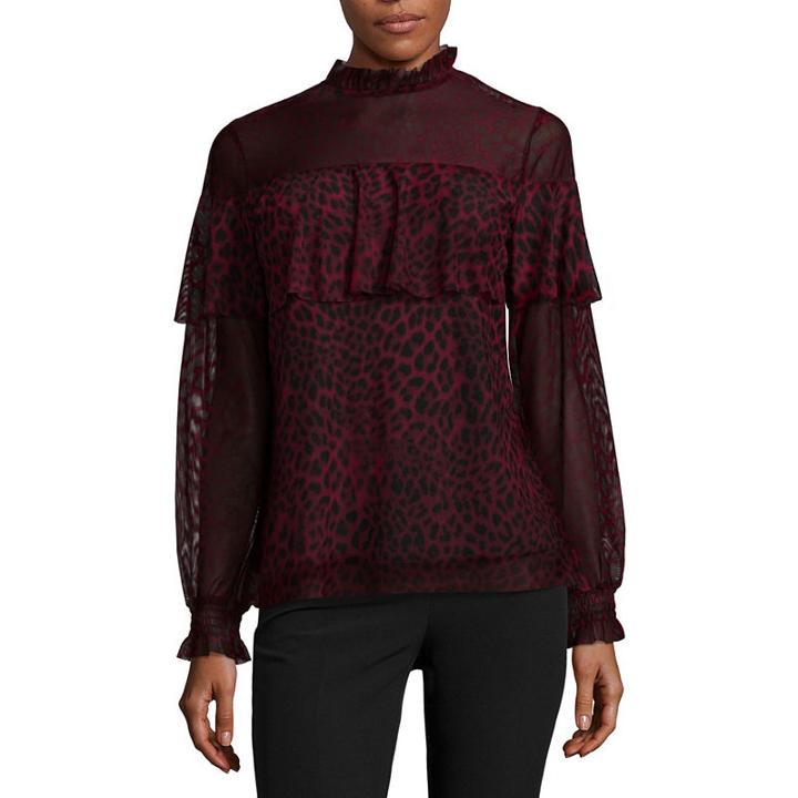 Worthington Long Sleeve Knit Ruffled Blouse-talls