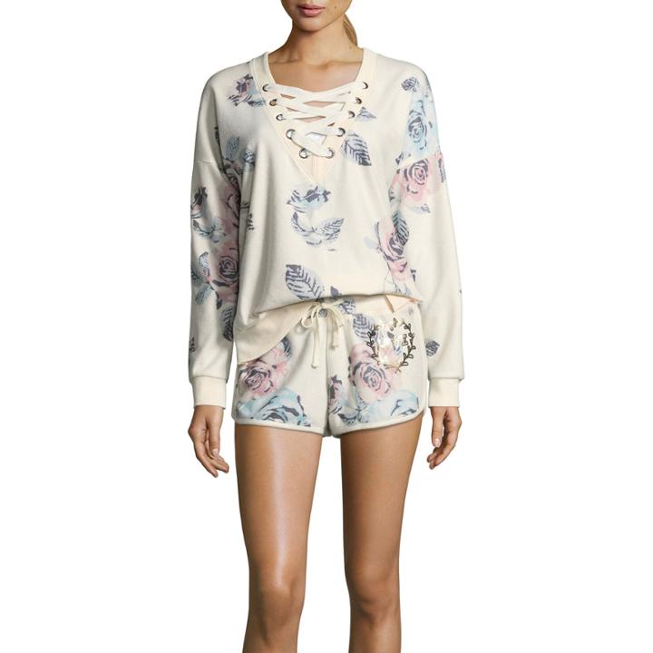 Long Sleeve Floral Lace Up Sweatshirt-juniors