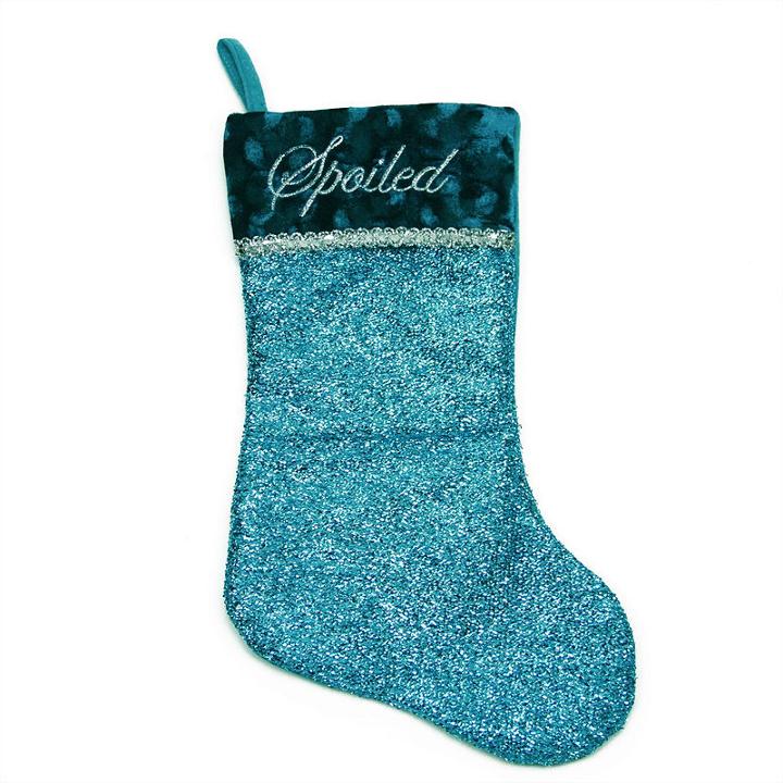17 Metallic Blue Embroidered Spoiled Christmas Stocking With Shadow Velveteen Cuff