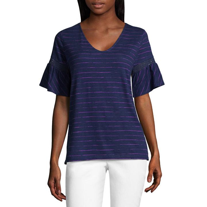Liz Claiborne Short Bell Sleeve V Neck Stripe T-shirt-womens