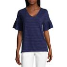 Liz Claiborne Short Bell Sleeve V Neck Stripe T-shirt-womens