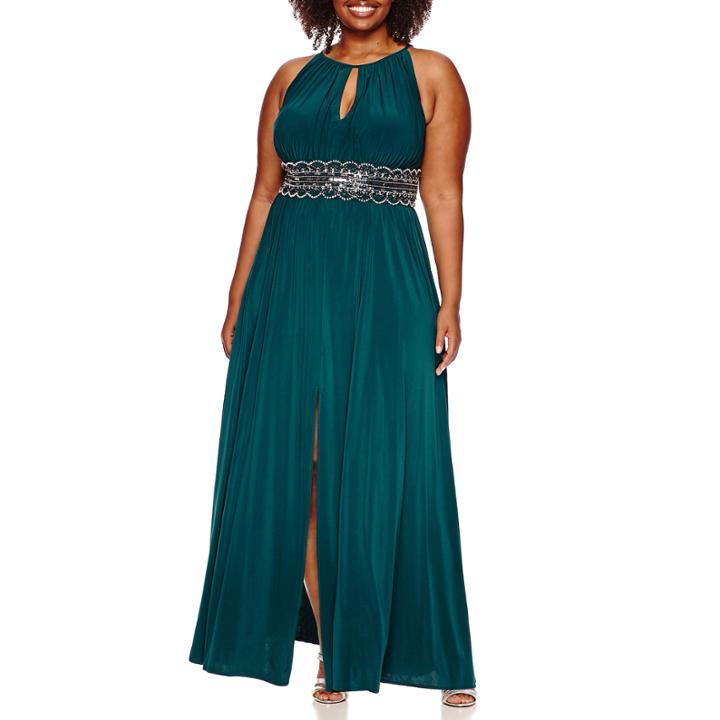 R & M Richards Sleeveless Keyhole Beaded-waist Gown - Plus