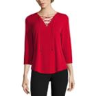 Worthington 3/4 Sleeve Y Neck Knit Blouse-petites