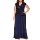 Blu Sage Short Sleeve Belted Embellished Evening Gown-plus