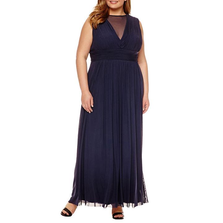 Blu Sage Sleeveless Mesh V Neck Gown - Plus