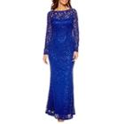 Blu Sage Long Sleeve Lace Sequin Evening Gown-petites