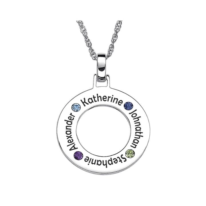 Personalized Family Name And Birthstone Sterling Silver Circle Pendant Necklace