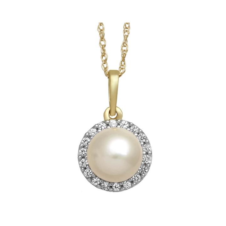 Cultured Freshwater Pearl And White Sapphire 10k Yellow Gold Halo Pendant Necklace