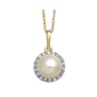 Cultured Freshwater Pearl And White Sapphire 10k Yellow Gold Halo Pendant Necklace
