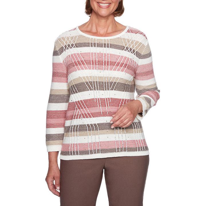 Alfred Dunner Sunset Canyon 3/4 Sleeve Crew Neck Stripe Pullover Sweater