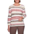 Alfred Dunner Sunset Canyon 3/4 Sleeve Crew Neck Stripe Pullover Sweater