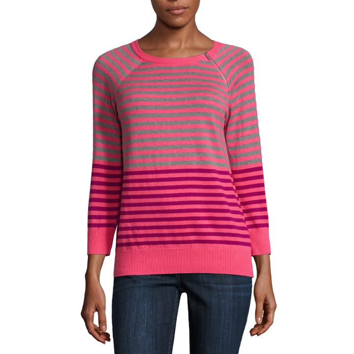 Liz Claiborne 3/4 Sleeve Stripe Pullover Sweater-petites