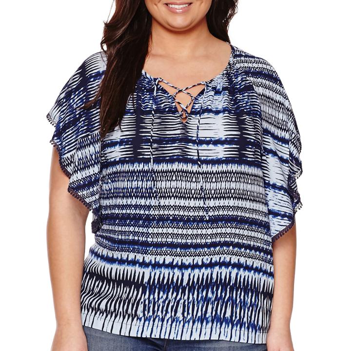 A.n.a Flutter-sleeve Tie-neck Peasant Top - Plus