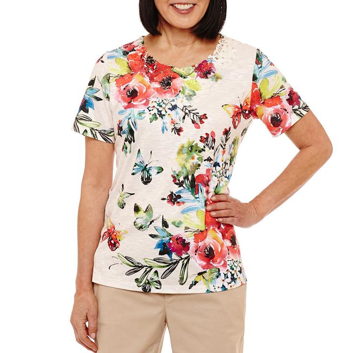 Alfred Dunner Classics Short Sleeve Split Crew Neck Floral T-shirt-womens