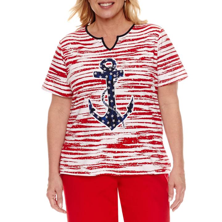 Alfred Dunner Short Sleeve Split Crew Neck T-shirt-womens Plus