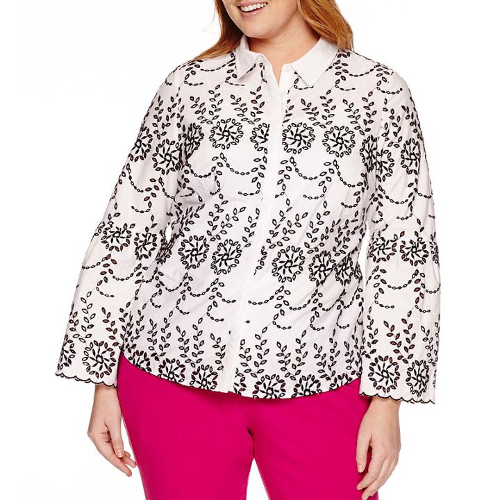 Worthington Long Sleeve Embroidered Button-front Shirt-plus