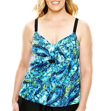 Delta Burke Draped Feather Print Tankini Swim Top - Plus