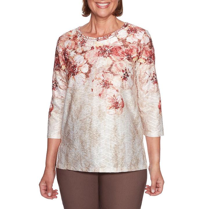 Alfred Dunner Sunset Canyon 3/4 Sleeve Crew Neck Floral T-shirt-womens