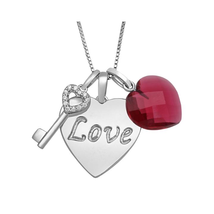 Simulated Pink Sapphire And Cubic Zirconia Sterling Silver Heart Charm Pendant