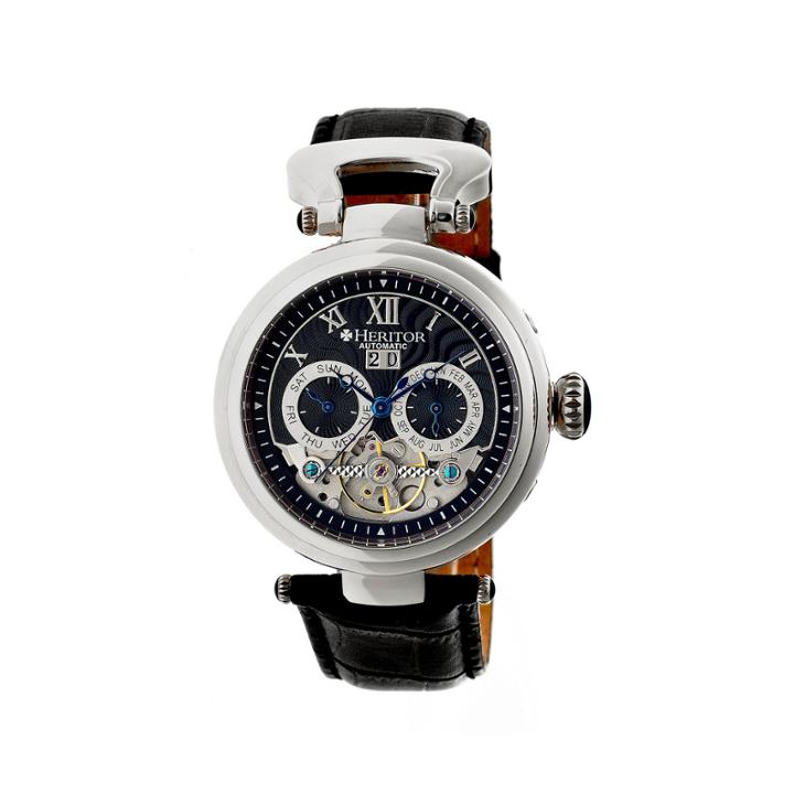 Heritor Automatic Ganzi Mens Leather Day & Date-silver/black Watches