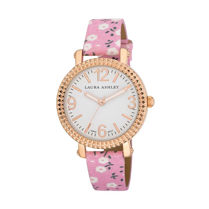 Laura Ashley Ladies Pink Floral Band Fluted Bezel Watch La31005pk
