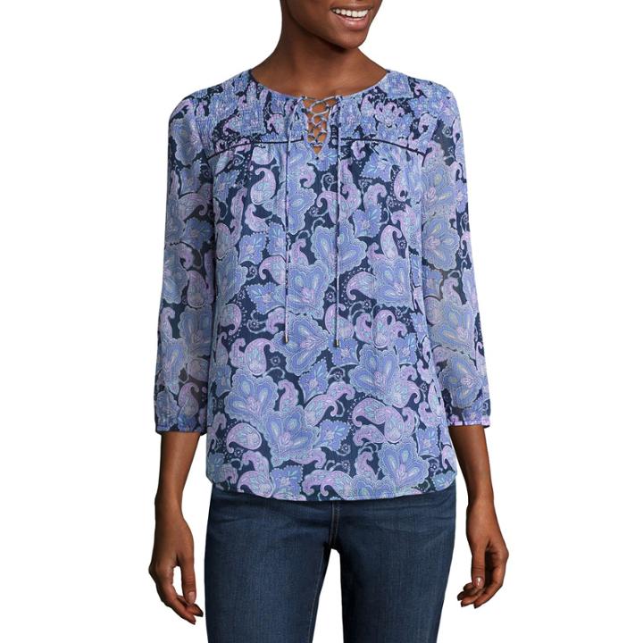 St. John's Bay 3/4 Sleeve Paisley Peasant Top