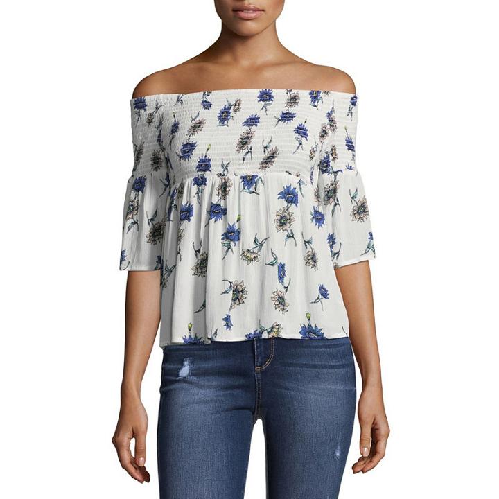 Arizona 3/4 Sleeve Smocked Off The Shoulder Woven Blouse-juniors