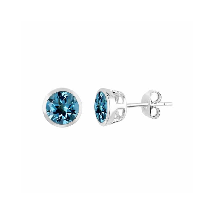 Genuine Blue Topaz Sterling Silver Bezel Set Stud Earrings
