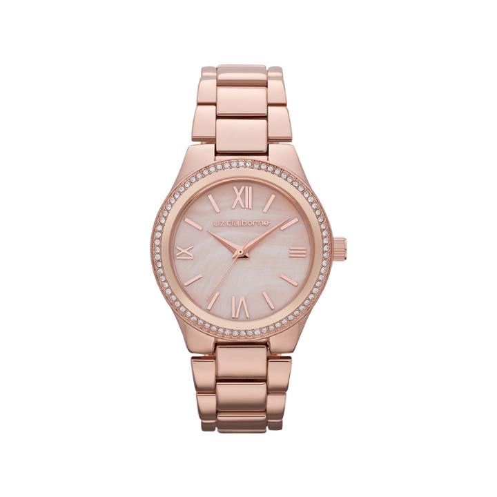 Liz Claiborne Womens Rose-tone Crystal-accent Boyfriend Watch
