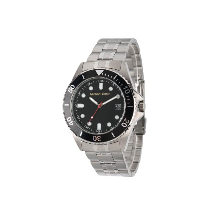Personalized Mens Silver Tone Black Dial Diver Bracelet Watch