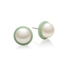 Cultured Freshwater Pearl And Green Jade Halo Stud Earrings