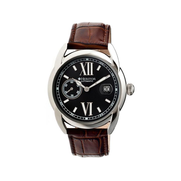Heritor Automatic Burnell Mens Leather Date-silver Tone/black/brown Watch