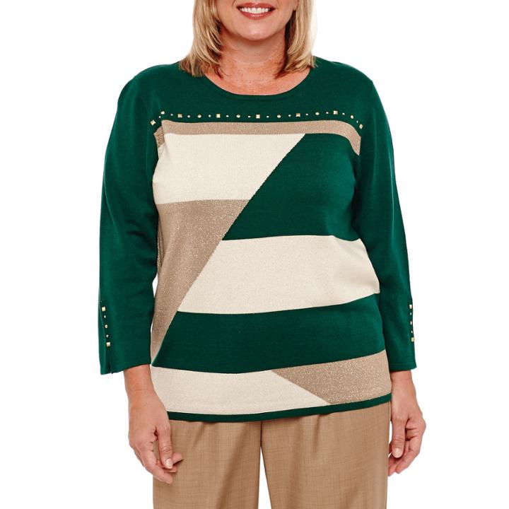 Alfred Dunner Emerald Isle 3/4 Sleeve Patchwork Sweater-plus