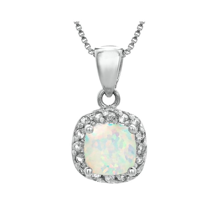 Cushion-cut Lab-created Opal And Genuine White Topaz Sterling Silver Pendant Necklace