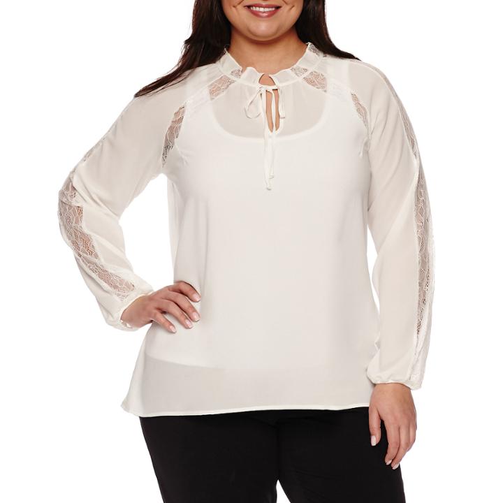 Worthington Long Sleeve Keyhole Neck Woven Blouse-plus