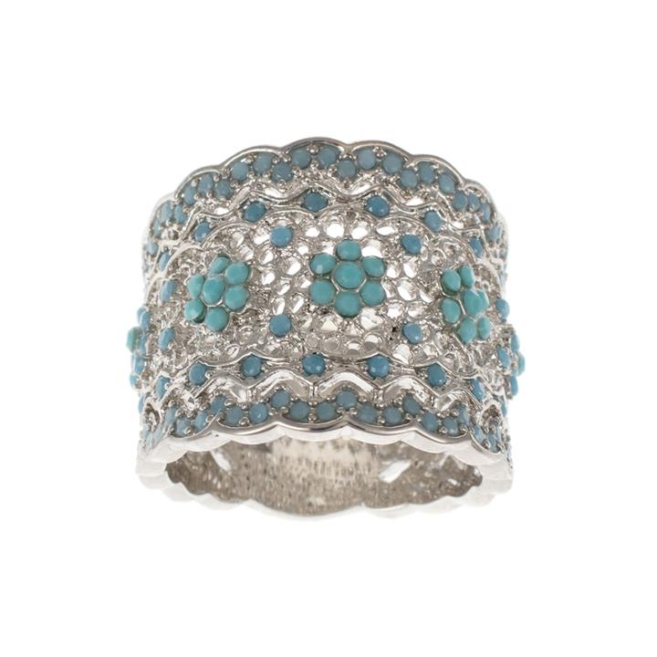 Jardin Blue Crystal Silver-tone Wide Floral Filigree Pave Ring